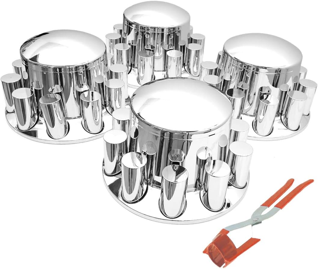 Rear Chrome ABS Plastic Axle Wheel Cover 33mm Screw-On Lug Nut Cover with Removable Wheel Hub Caps Replacement for Wheels Semi Trucks (Rear 4)