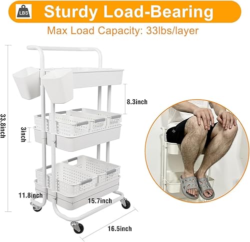 Miniatura 4 de Carrito organizador de pañales para bebé, carrito rodante móvil resistente de 3 niveles con cestas y tazas colgantes, gran capacidad, artículos