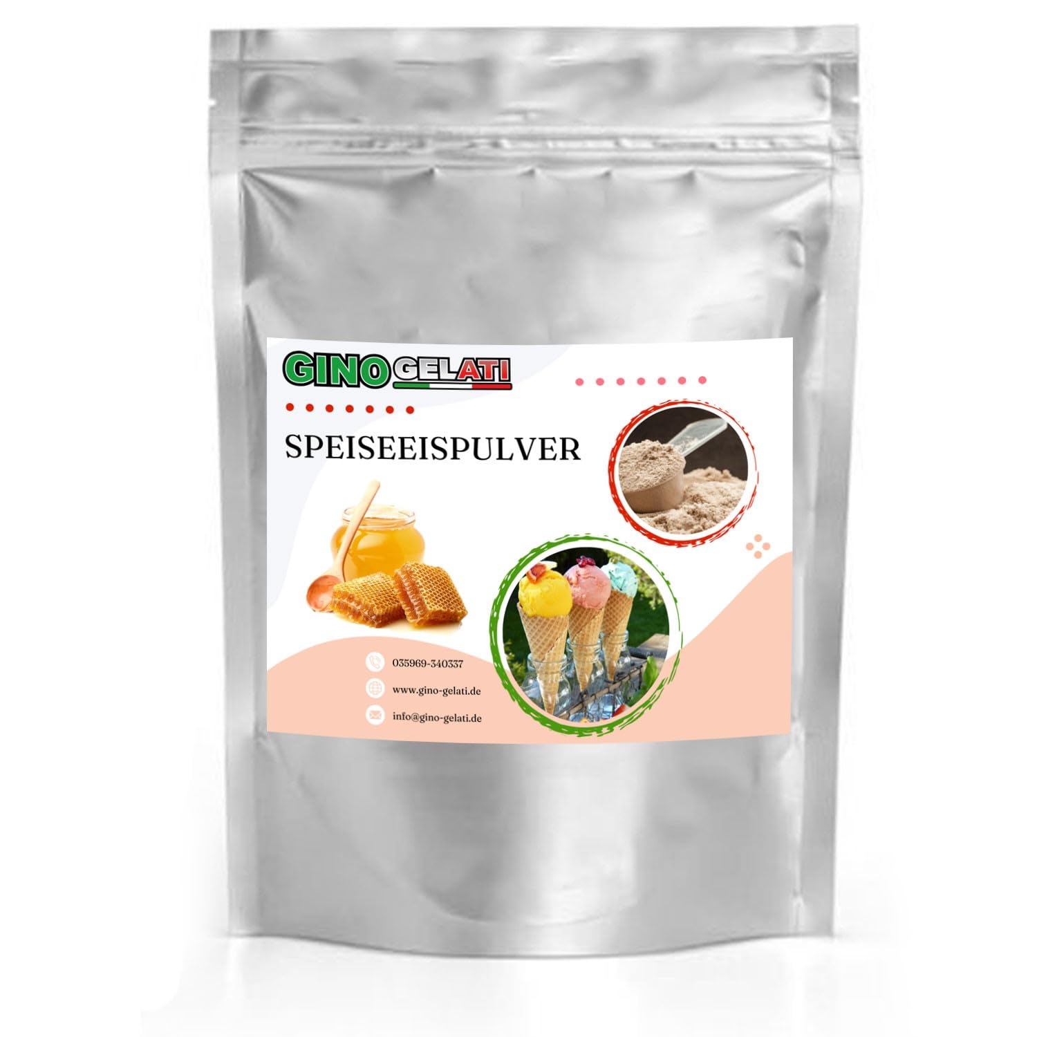 Gino Gelati Eis Speiseeis Pulver, vielfältige Geschmacksrichtungen, schnelle und einfache Zubereitung, Herstellung mit und ohne Maschine, natürliche Farbstoffe (10 Kg, Honig)
