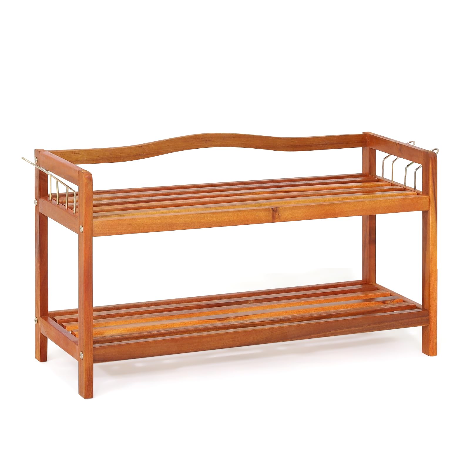 COSTWAY 2/3/5-Tier Shoe Rack, Acacia Wood Freestanding Shoe Shelf Storage Stand with Side Metal Hooks, Home Hallway Entryway Shoes Organiser Unit, Holds up to 12/18/30 Pairs (2 Tiers-74x26x42cm)
