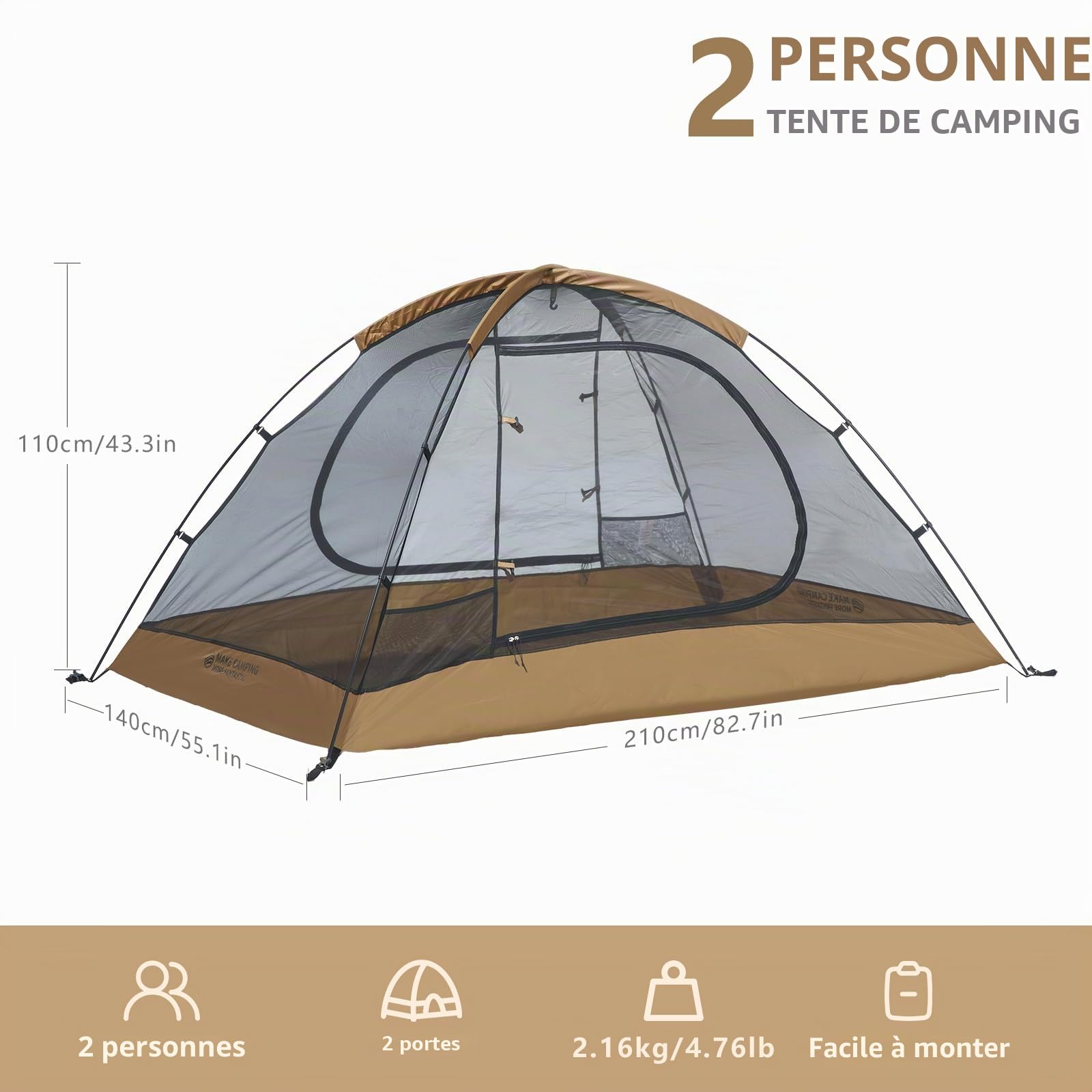 BISINNA Tente Dôme 2 Personnes 3-4 Saisons | Imperméable & Résistant au Vent | Ultraléger & Compact pour Camping, Randonnée, Festival