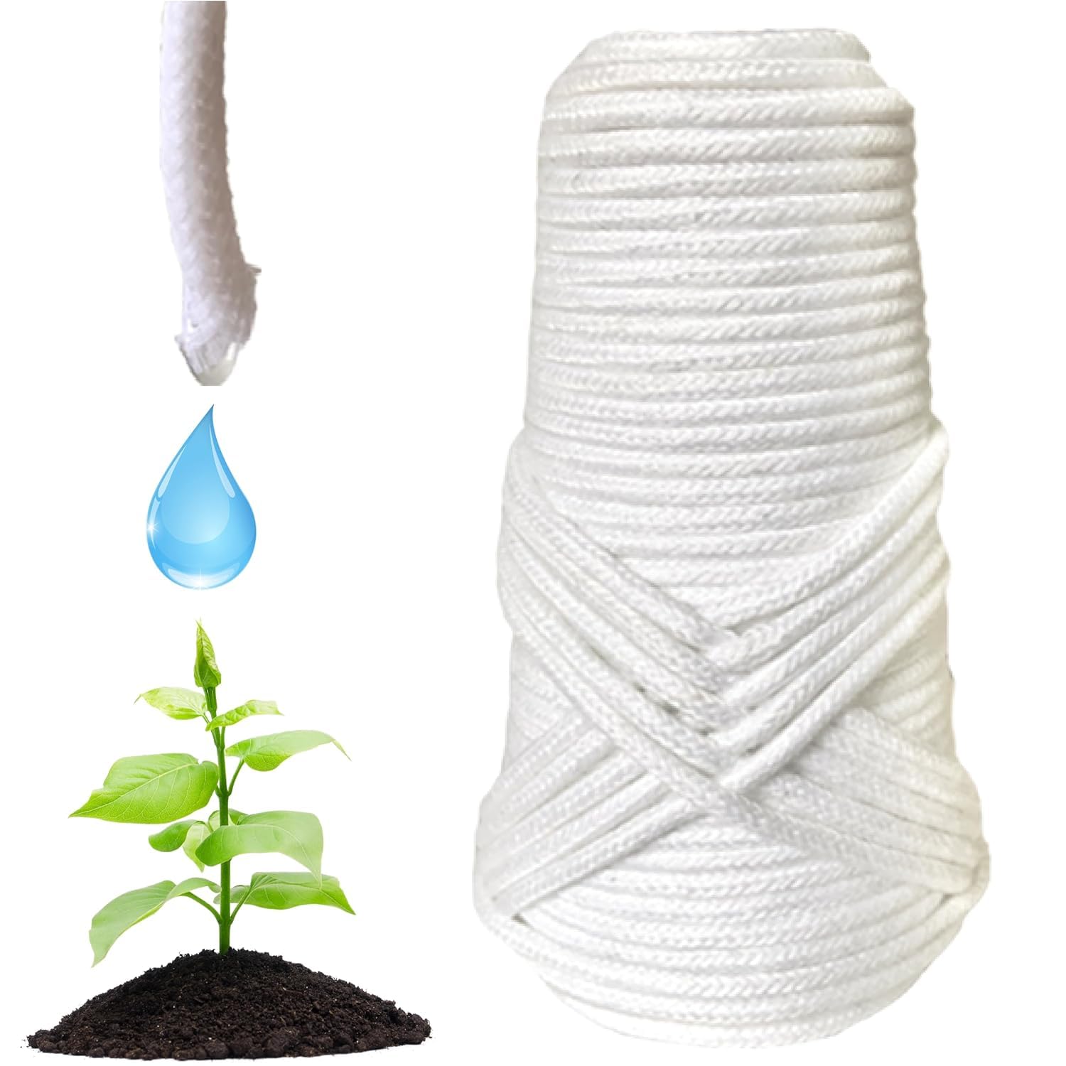 Pro - Plants Automatic Drip Watering Wick Cord Spike (1/6 inch, White, 4 mm, 60 feet)