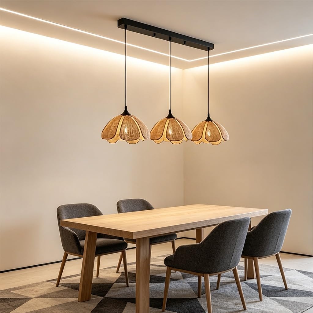 Wisząca Lampa Boho Naturalny Rattan Ręcznie Pleciona Wisząca Lampa E27 120cm Regulowana Wysokość Lampa Sufitowa 3 Rozmiary Jadalnia Salon Sypialnia Kuchnia Kawiarnia Hotel(N-rectangular chassis)