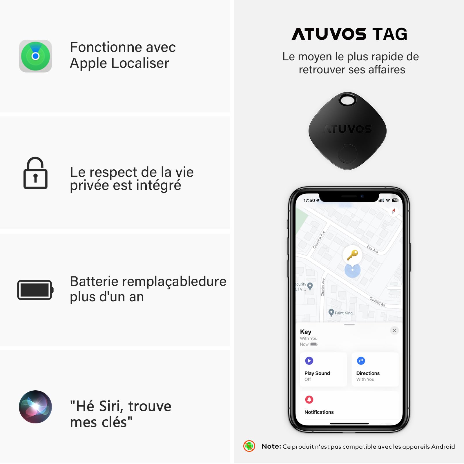 ATUVOS Air Tag Traceur Lot de 4, Fonctionne avec l’app Localiser Apple (Uniquement iOS), Localisateurs D’Objets Bluetooth pour Valises/Portefeuilles/Clés/Sacs/Bagages, Batterie Remplaçable, Noir