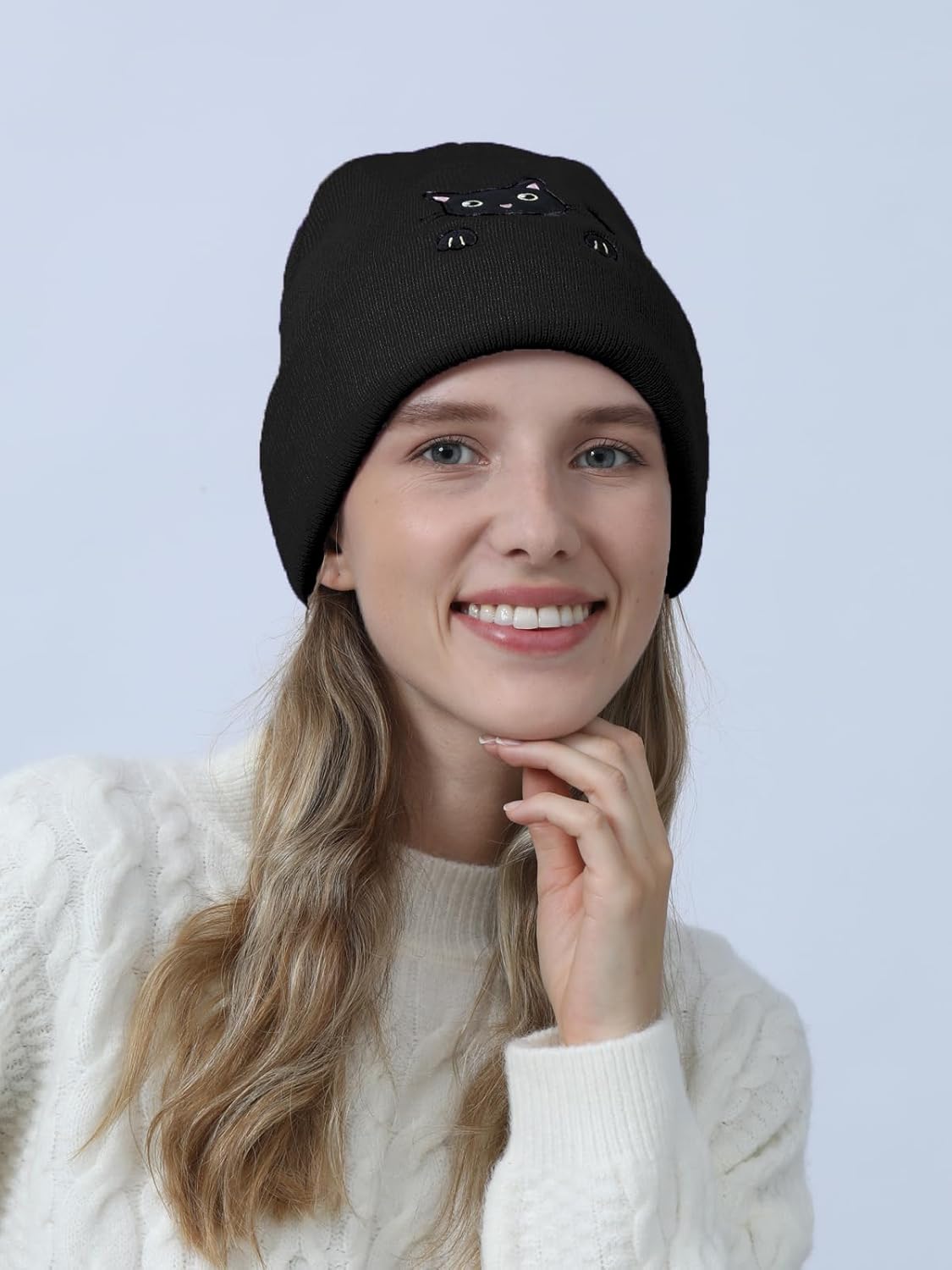 Women’s Cat Beanie Cute Cat Lover Gifts Animal Knitted Hats Christmas Stocking Stuffers for Women Girls - Image 2