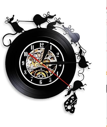 Reloj de decoración de pared, 12 pulgadas11.8 in, disco de vinilo de rata, reloj de pared, reloj de animales 3D, ratón y queso, decoración de pared