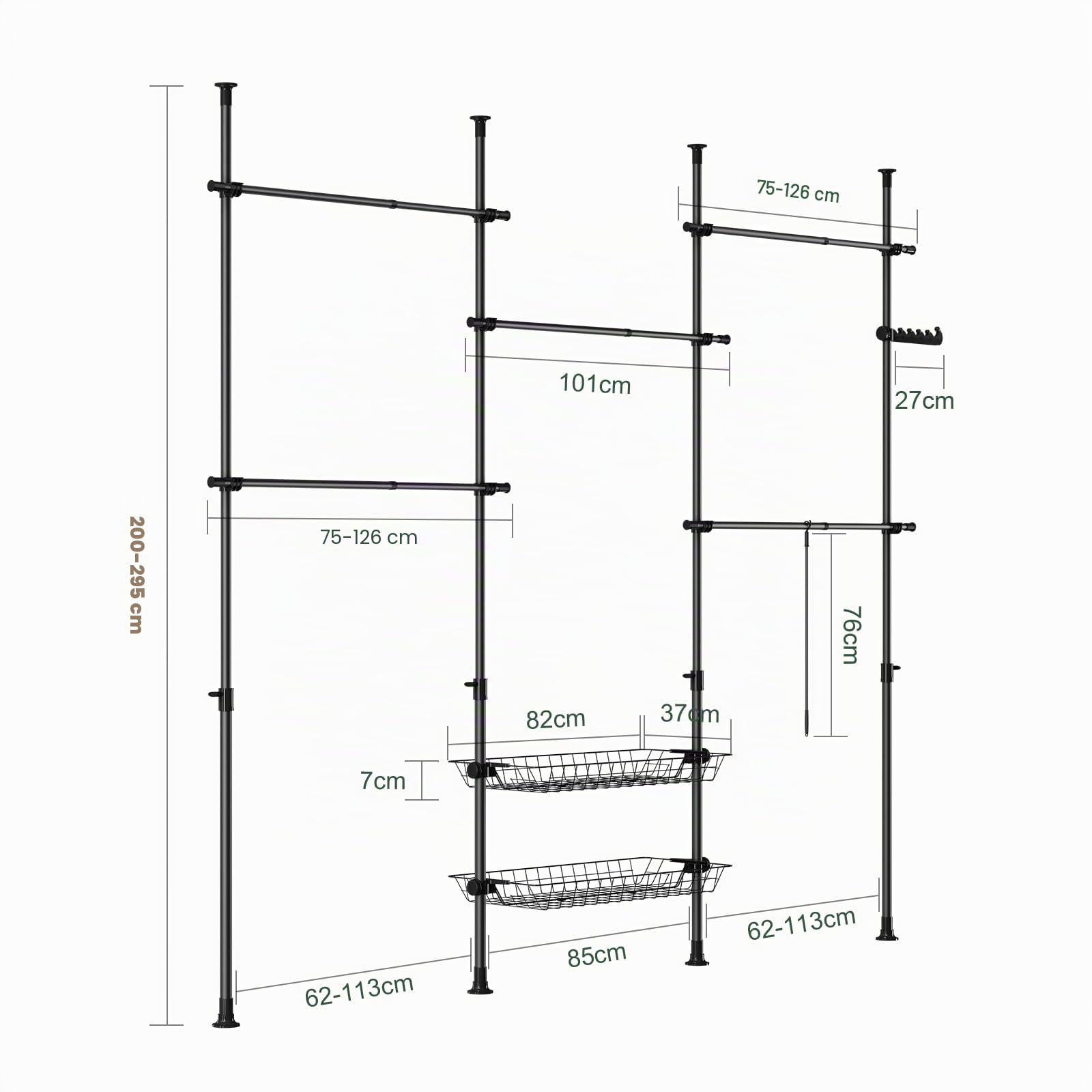 SoBuy Telescopic Appendiabiti da Terra, Robusto Stand Appendiabiti con Aste e Ripiani, Armadio Aperto Regolabile per Camera da Letto, Porta Abiti Nero KLS04-II-SCH