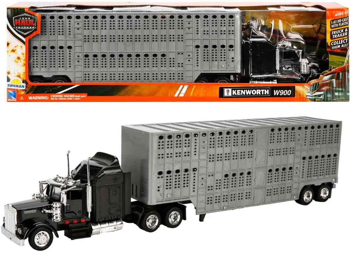 New Ray Toys 1/43 D/C Kenworth W900 Pot Belly Livestock Trailer