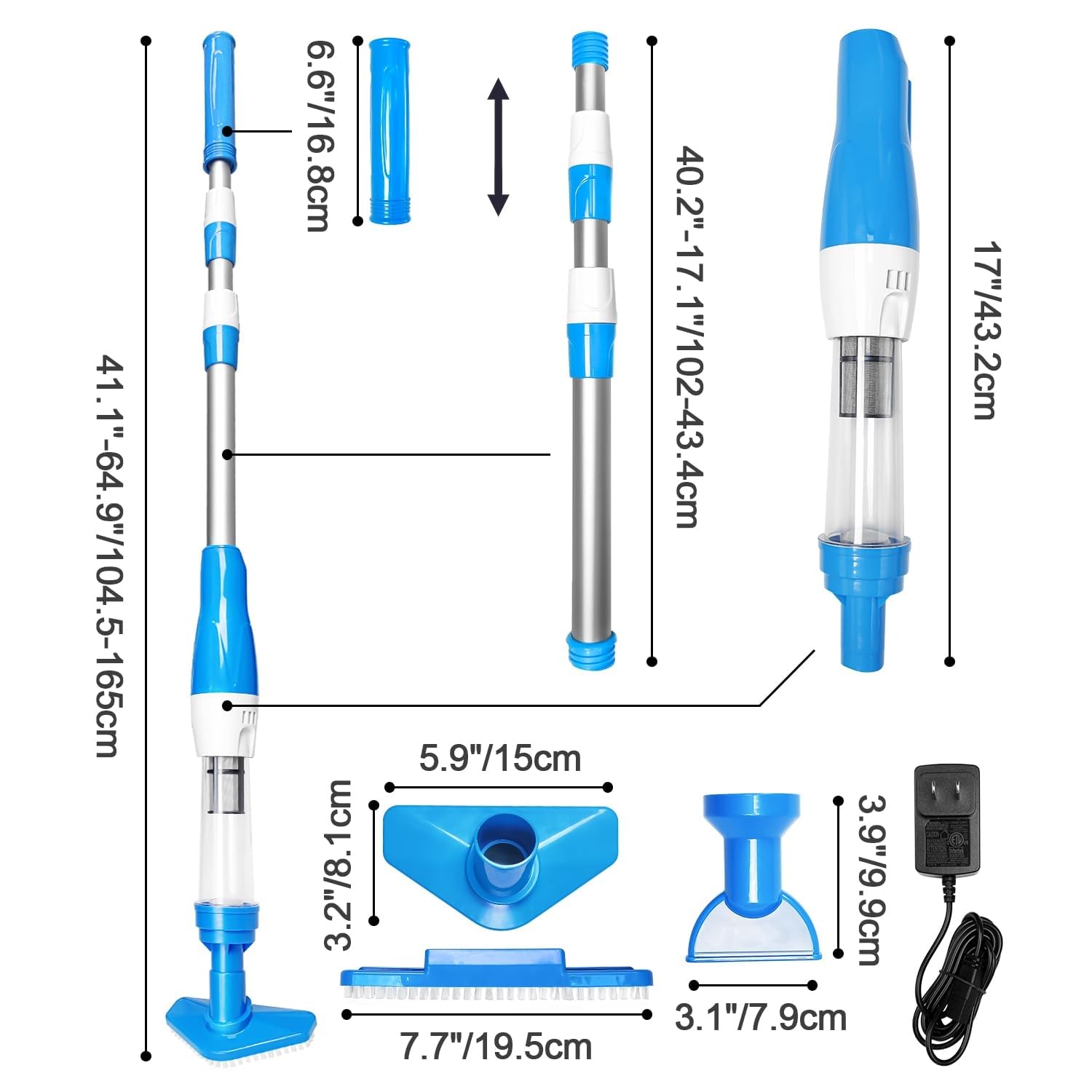 3 en 1 Aspiratore per Piscina con Batteria, Aspiratore a Mano Senza Fili, Aspirapolvere per Piscina per Piccole Piscine, Spa, Vasche Idromassaggio, Blu | Aspirapolvere per piscina, 3 in 1, senza fili, con asta telescopica, blu