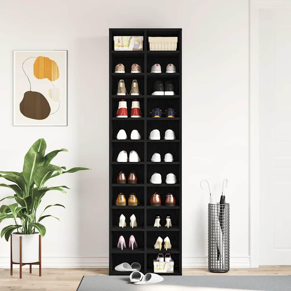 Szafka na buty, kolor czarny, dąb z systemem przechowywania, 54 x 34 x 183 cm, z materiału drewnopochodnego, regał na buty z dużą ilością miejsca do przechowywania różnych butów i zajmuje mało
