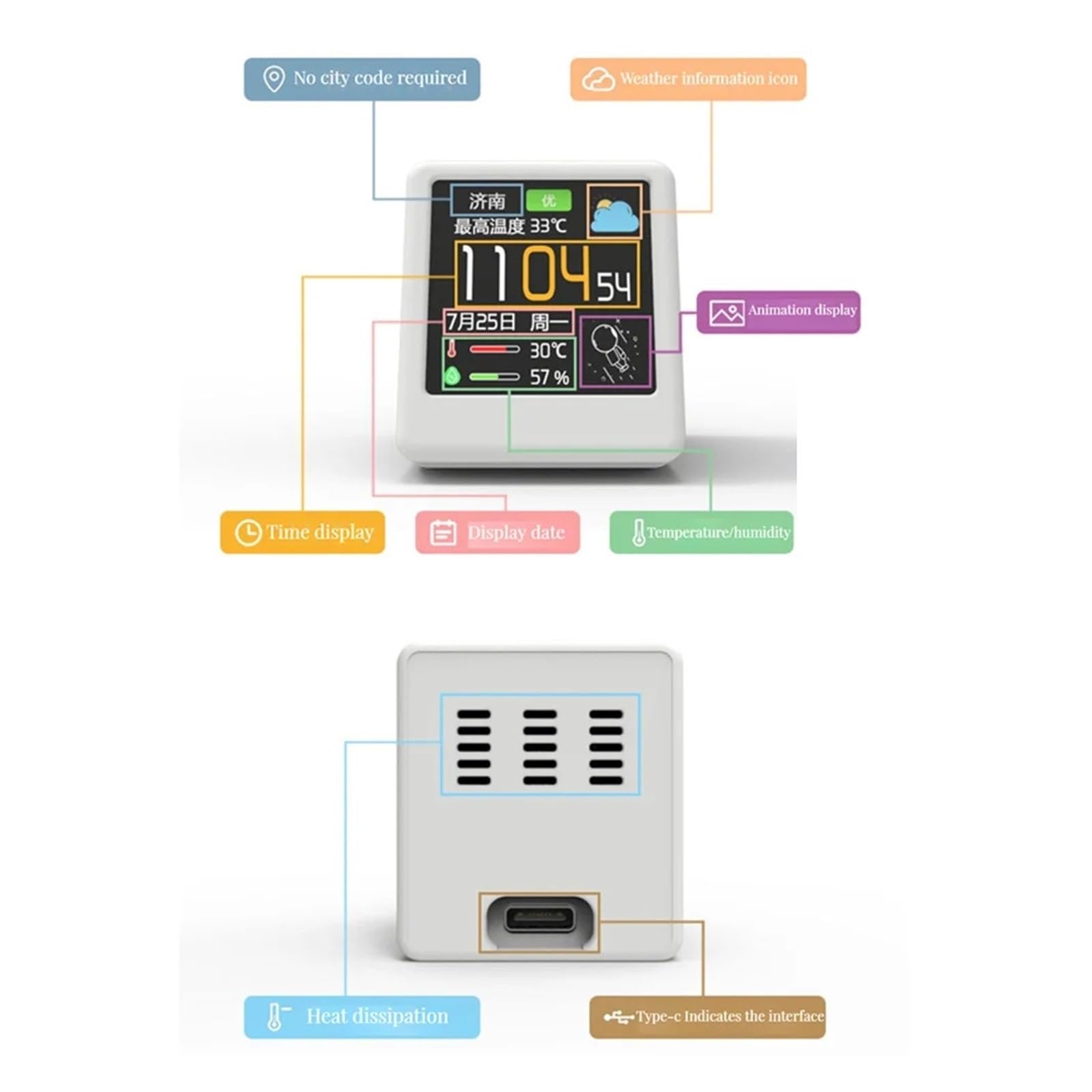 Inteligentna Stacja Pogodowa Zegar Stacjonarny Wi-Fi Z Wyświetlaczem LCD O Przekątnej 1,54 Cala Elektroniczny Termometr I Czujnik Higrometru Wysoka DokłAdność(Yellow)