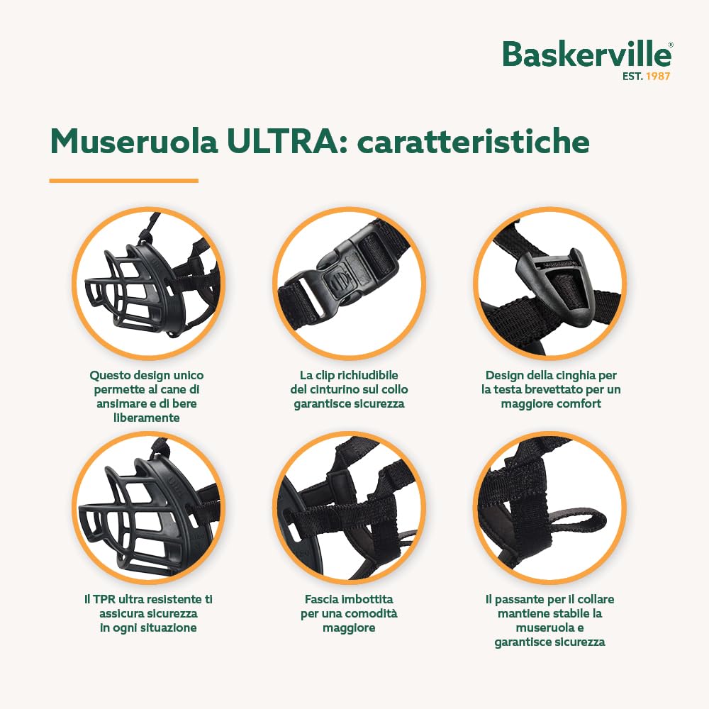 MUSERUOLA BASKERVILLE ULTRA, design etico brevettato, cane può respirare, ansimare e bere, regolabile, imbottita, addestramento cani piccoli, medi, grandi, impedisce di morsicare, rovistare (Taglia 5)