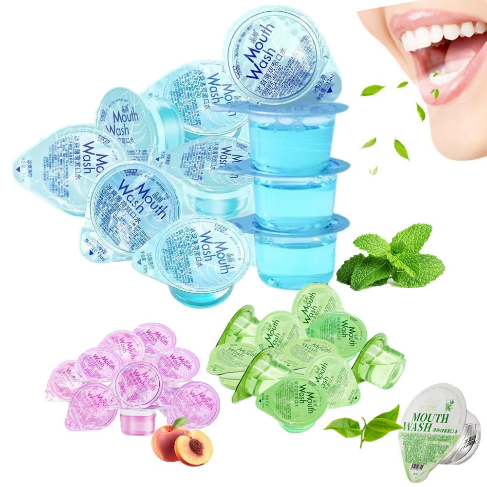 30Pcs Portable Jelly Mouthwash Set, Peach+Mint+Tea Oral Cleaning Care Mouth Wash Freshen Breath Mouthwash, 30Pcs/Set One Month's Supply, Fresh Breath, Remove Bad Breath, Travel Size Mouthwash