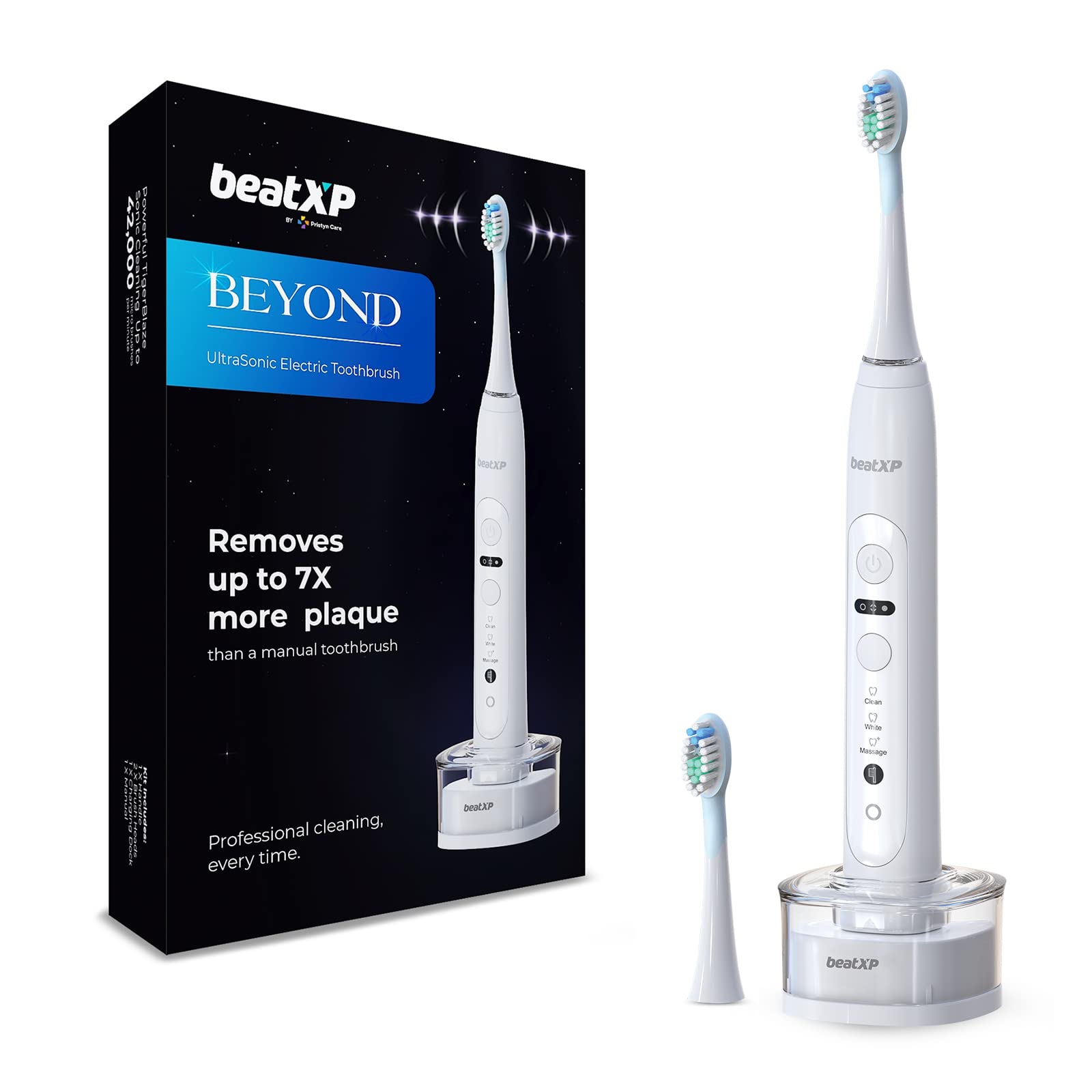 beatXP Beyond Electric Toothbrush for Adults with 7X Plaque Removal & Wireless Charging | Electric Toothbrush with 2 Brush Heads & 5 Cleaning Modes | 42000 strokes/min with Travel Case (B0BCG4NH5B) Amazon Price History, Amazon Price Tracker