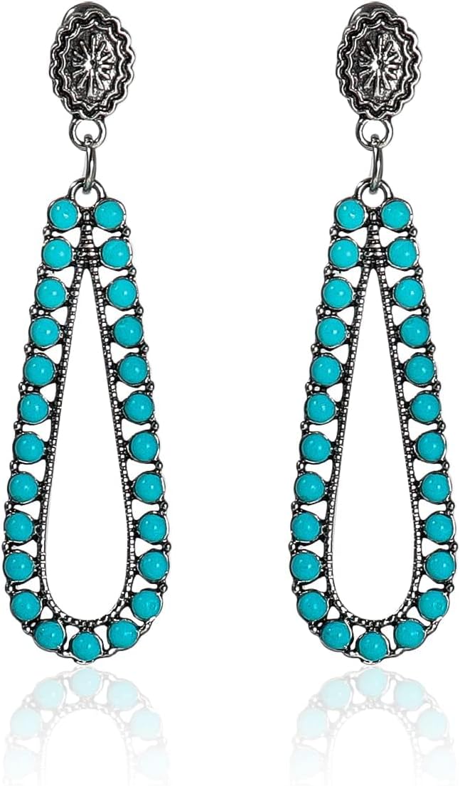 Boho Turquoise Oval Drop Dangle Earrings for Women Beaded Western Flower Teardrop Earrings Vintage Ethnic Alloy Pendant Jewelry Gift