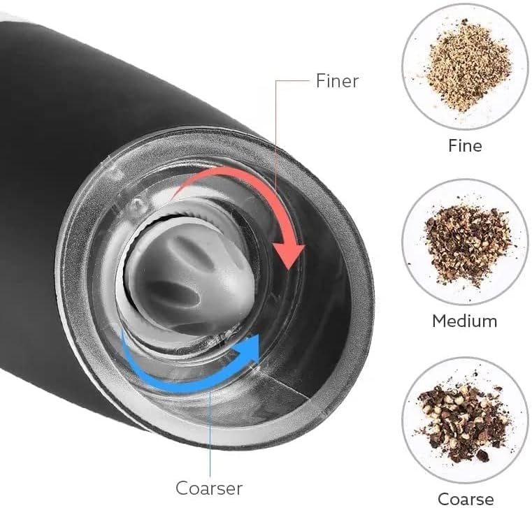 Miniatura 7 de Juego de 2 molinillos eléctricos de pimienta por gravedad, molinillo automático de sal y pimienta, rugosidad ajustable, funciona con pilas, luz LED
