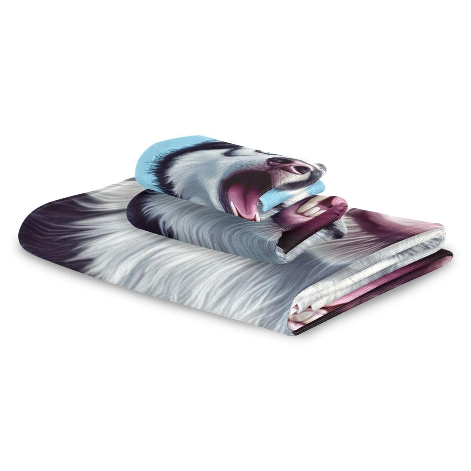 Cartoon Funny Sibirian Husky Dogs Fear Cleaning Face Towels Set, 3-teilig, 1 Badetuch, 1 Handtuch, 1 Waschlappen für Strand, Haare, Gesicht, Fitnessstudio, Schwimmen, Küche