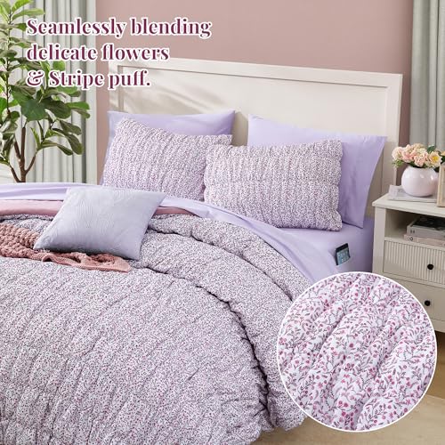King Comforter Set - 7 Pieces Light Purple Puff Floral Bedding Sets for All Seasons, Shabby Chic Farmhouse Bed in a Bag King with Wildflowers Fluffy Comforter, Sheets, Pillowcases & Shams