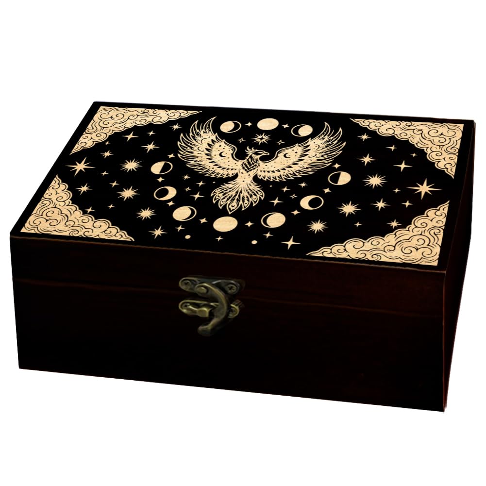 arricraft 1pc Wooden Keepsake Storage Box, Phoenix Moon Phases Pattern Rectangle Pine Tarot Card Memory Box for Anniversary Jewelry Board Storage 24x14x9cm (9.45x5.51x3.54 inches)