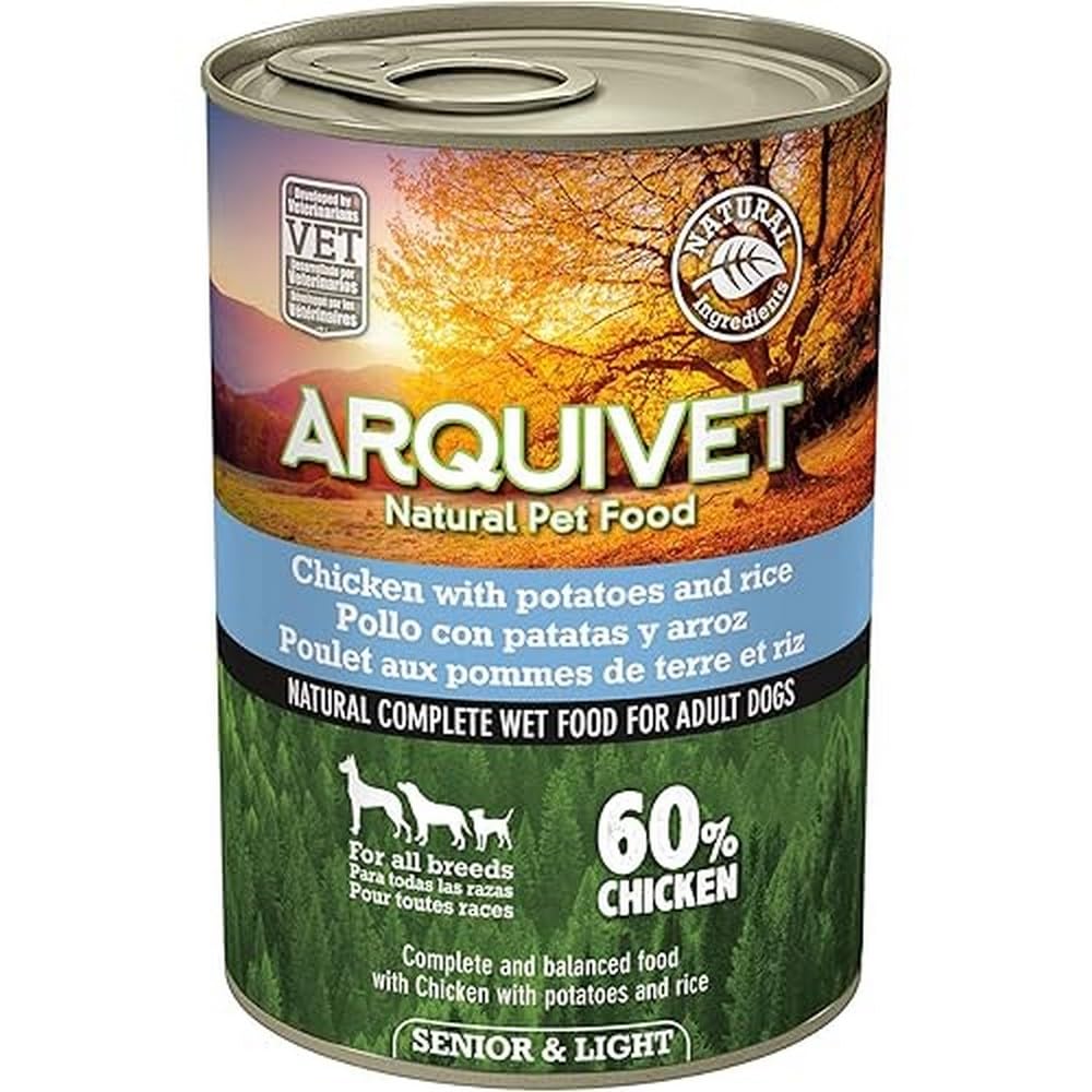ARQUIVET Latas de Pollo con Patatas y arroz con Aceite de salmón - Pack 6 Unidades x 400 gr - Comida húmeda para Perros - para Perros Senior, Todo Tipo de Razas