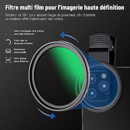 Filtre CPL pour téléphone NEEWER 52mm avec clip d'objectif pour iPhone et Samsung