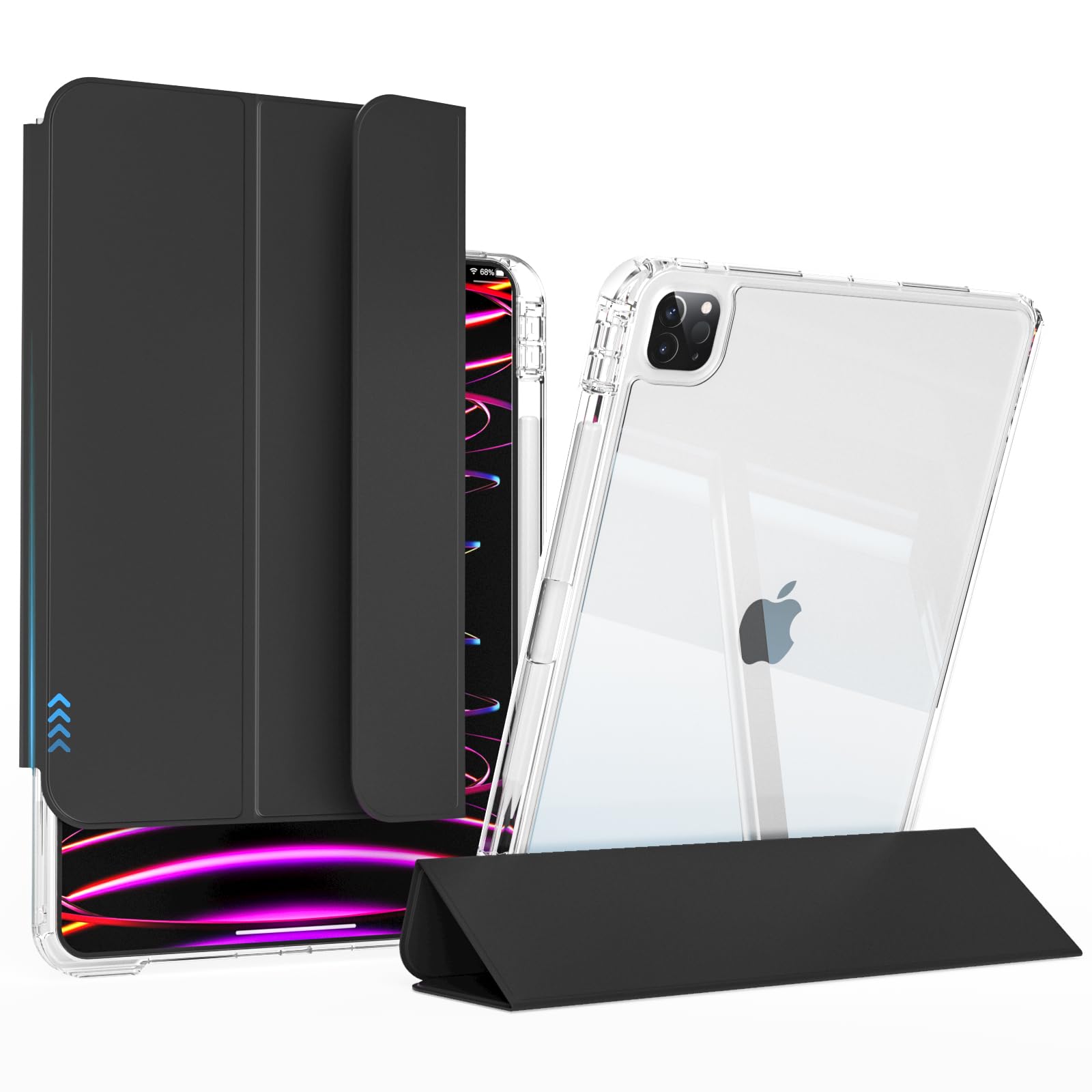 KenKe Case for iPad Air 13 Inch Case M2 (2024), iPad Pro 12.9 inch (2022/2021,6th/5th Gen) Case with Pencil Holder,Transparent Back Shell,Support Pencil Charging & Touch ID & Auto Sleep/Wake, Black