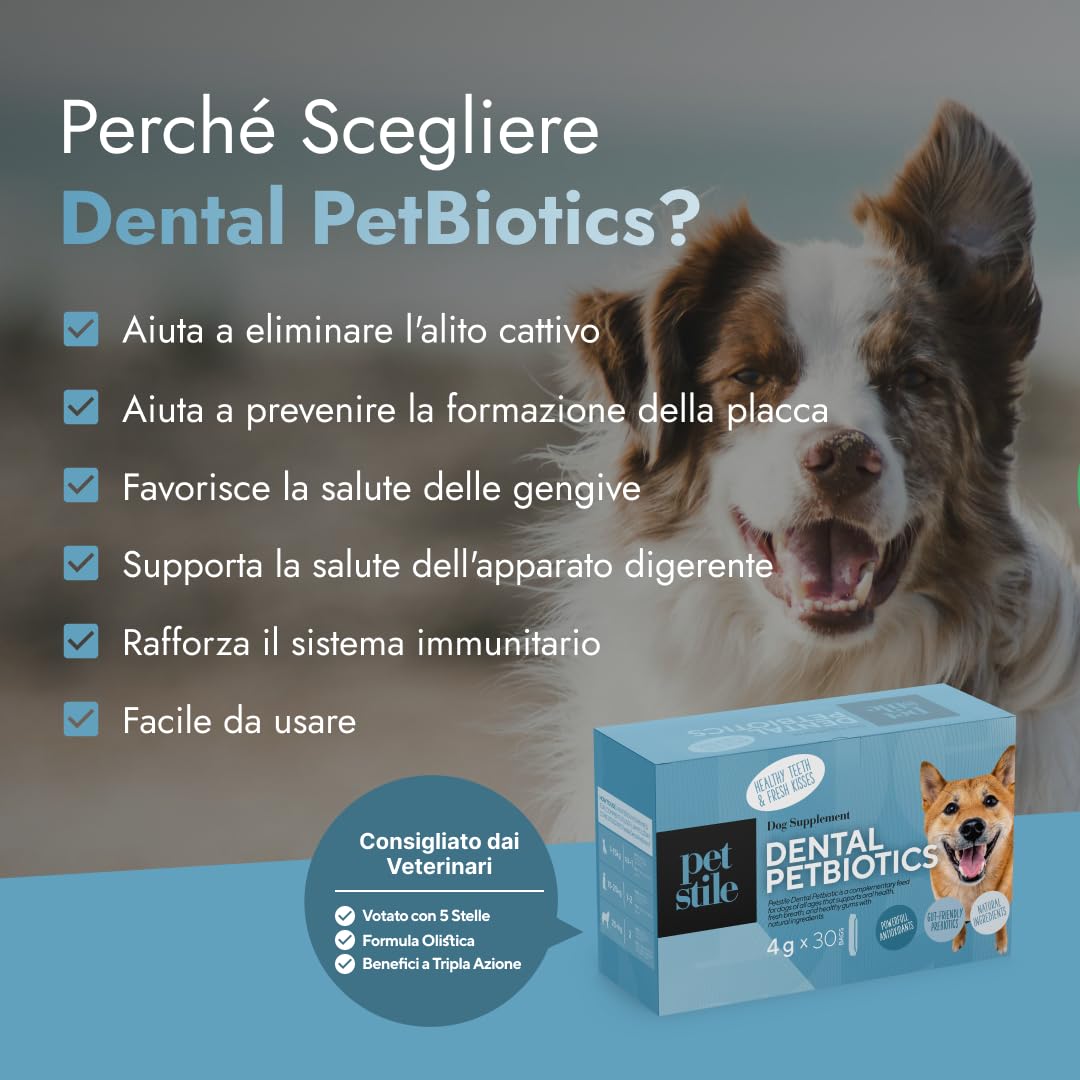 Dental PetBiotics – Integratore Naturale per la Salute Orale dei Cani (Polvere Giornaliera con Probiotici ed Erbe) - Alito Fresco, Livelli Sani di Placca, Salute delle Gengive e dell'Intestino