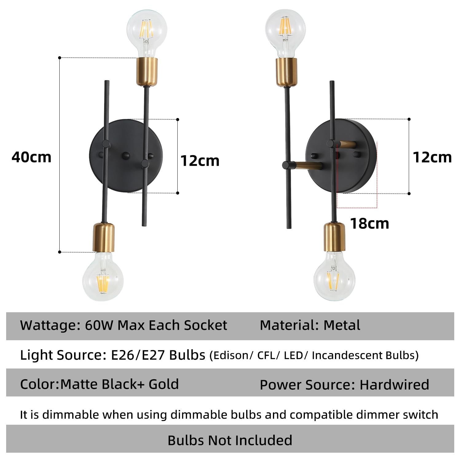 Kaj Hejmo 2 Light Head Vanity Mirror Light Retro Industrial- Double Sconces Wall Lamp for Hallway- Black and Gold Wall Lamp for Kitchen Living Room Bedroom E27 Socket (2- Pack Adjustable) - Image 2