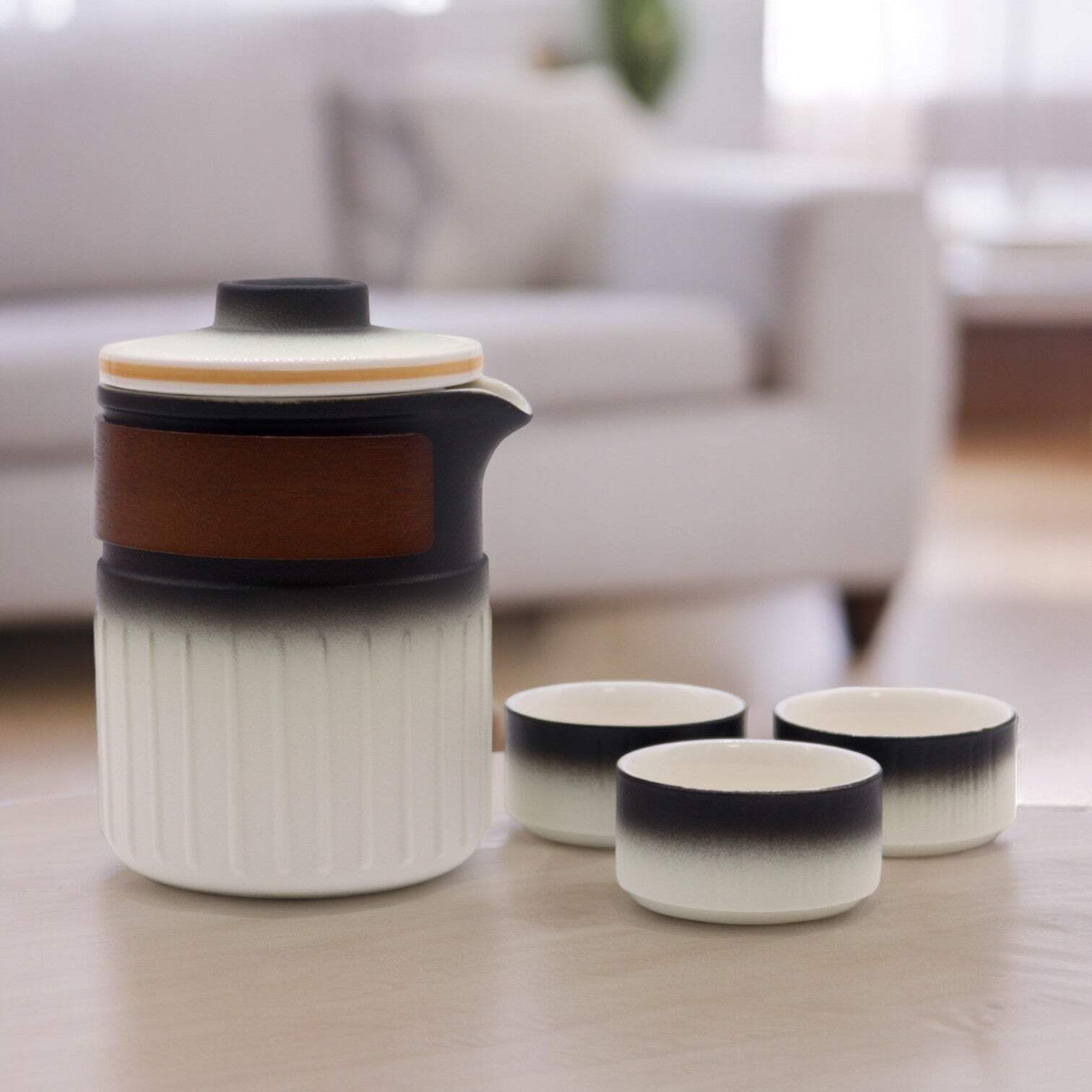 Ancient Wisdom Black/White Elegant Travel Ceramic Teapot Set - Three Friends | Portable Tea Set With 3 Tea Cups & Infuser | 350Ml Capacity Teapot With Wooden Grip Band | Perfect For Loose Leaf Tea Lovers On The Go