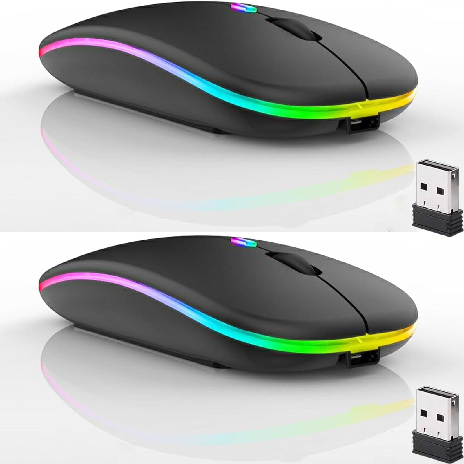Photo 1 of 2 Pack Wireless Bluetooth Mouse,LED Dual Mode Rechargeable Silent Slim Laptop Mouse,Portable(BT5.2+USB Receiver) Dual Mode Computer Mice,for Laptop,Desktop Computer,ipad Tablet,Phone,TV (Black)