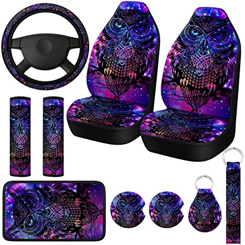 10 Pcs Purple Colorful Owl Car Seat Covers Set Car Steering Wheel Cover Front Seat Belt Pads Armrest Pad Cup Holder Strap Car Decor Accessories for Vehicle Car SUV Truck