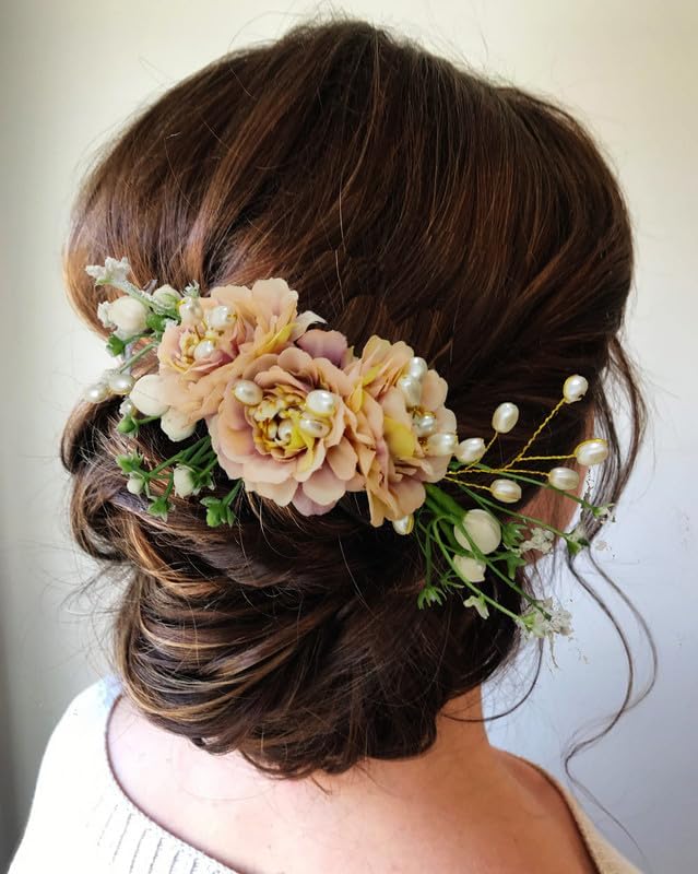 Image of Hair Flare Comb Slide for Women, Girls Artificial Flower Hair Accessories, Bridal Hair Pin for Bun, 2215 - Peach