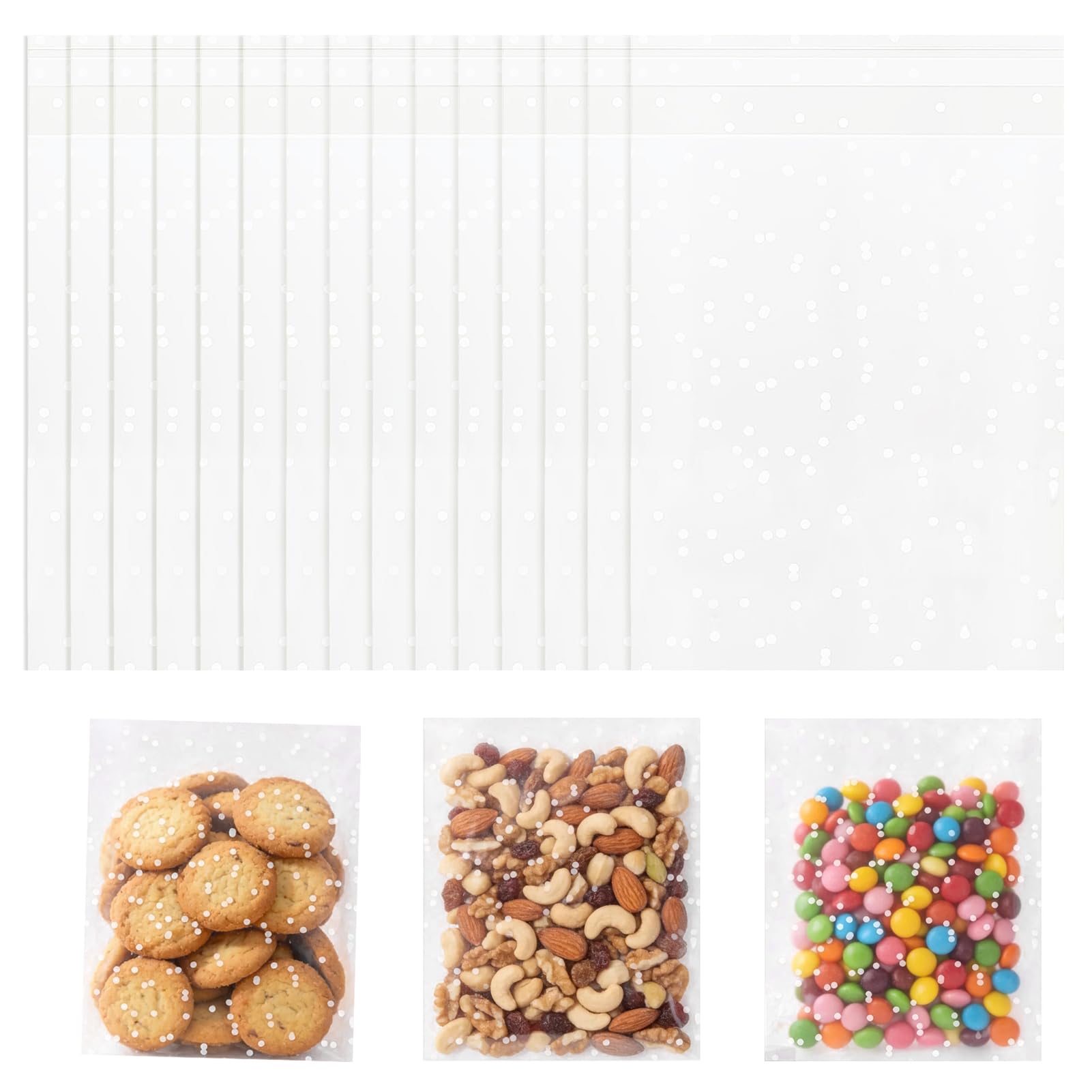 Siliget 100Pcs Cellophane Bags - 16 x 20 cm, Self Adhesive Small Plastic Packaging Bags with White Dot, Clear Frosted Plastic Package for Sweet Cookie Chocolates Biscuit Candy (16 x 20 cm)