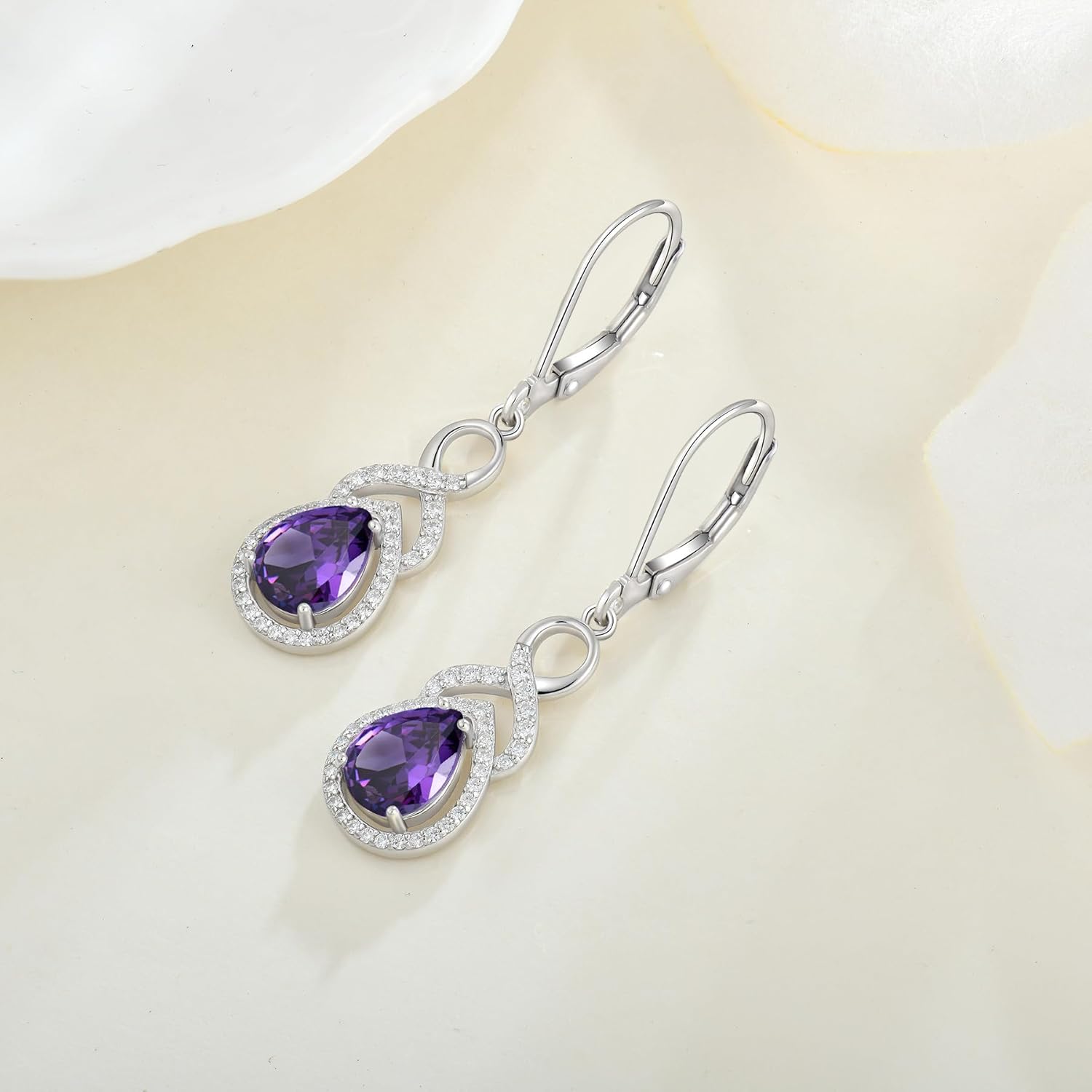 Women Infinity Birthstone Earrings 925 Sterling Silver Dangle Drop Earrings Leverback Earrings 5A Cubic Zirconia Anniversary Mother's Day Birthday Christmas for Her - Image 5