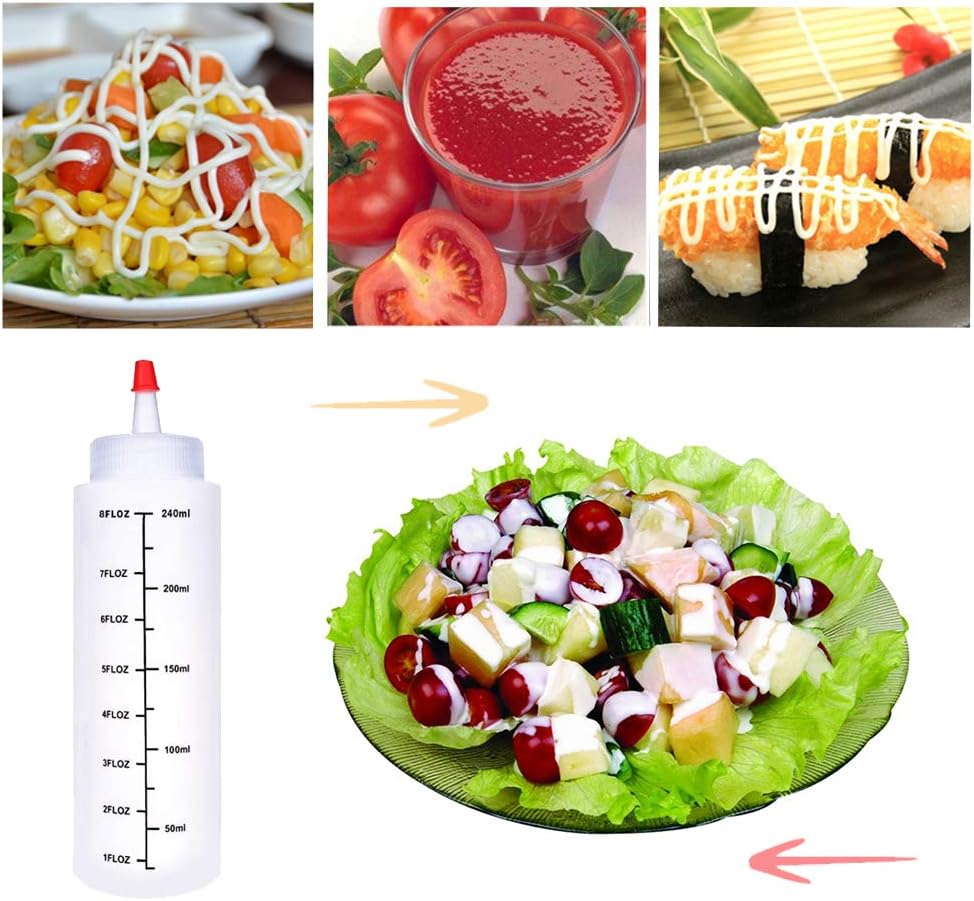 Baaxxango 12 Pack 8 oz Plastic Squeeze Bottles with Red Tip Cap and Scale