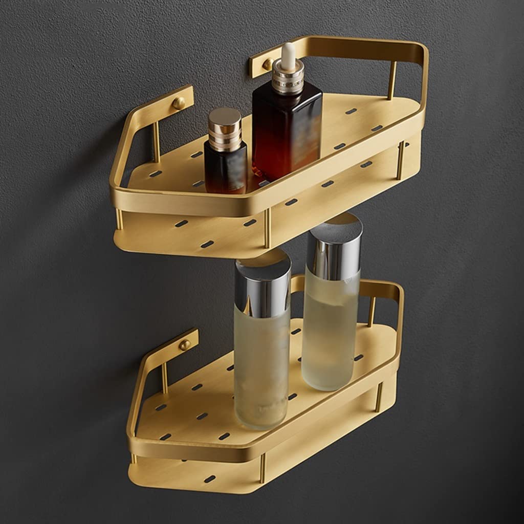 Shower Caddy All-Copper Bathroom Shelf Wall-Mounted Brushed Gold Hanging Basket Nordic Style Tripod Corner Storage Rack Bathroom Organizer