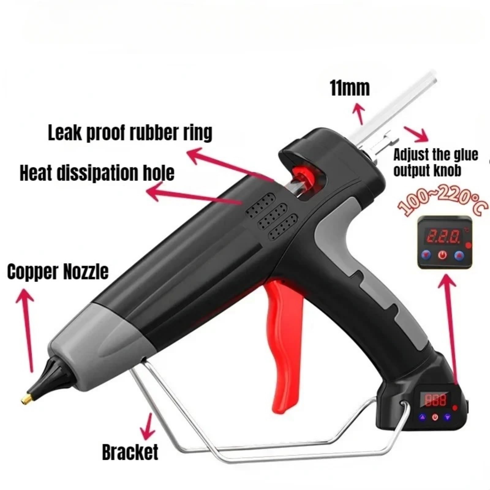 Pistola de silicona industrial con pantalla digital 11 mm y control temperatura, color negro, 300 W 500 salida pegamento ajustable pistola de pegamento caliente(500w)