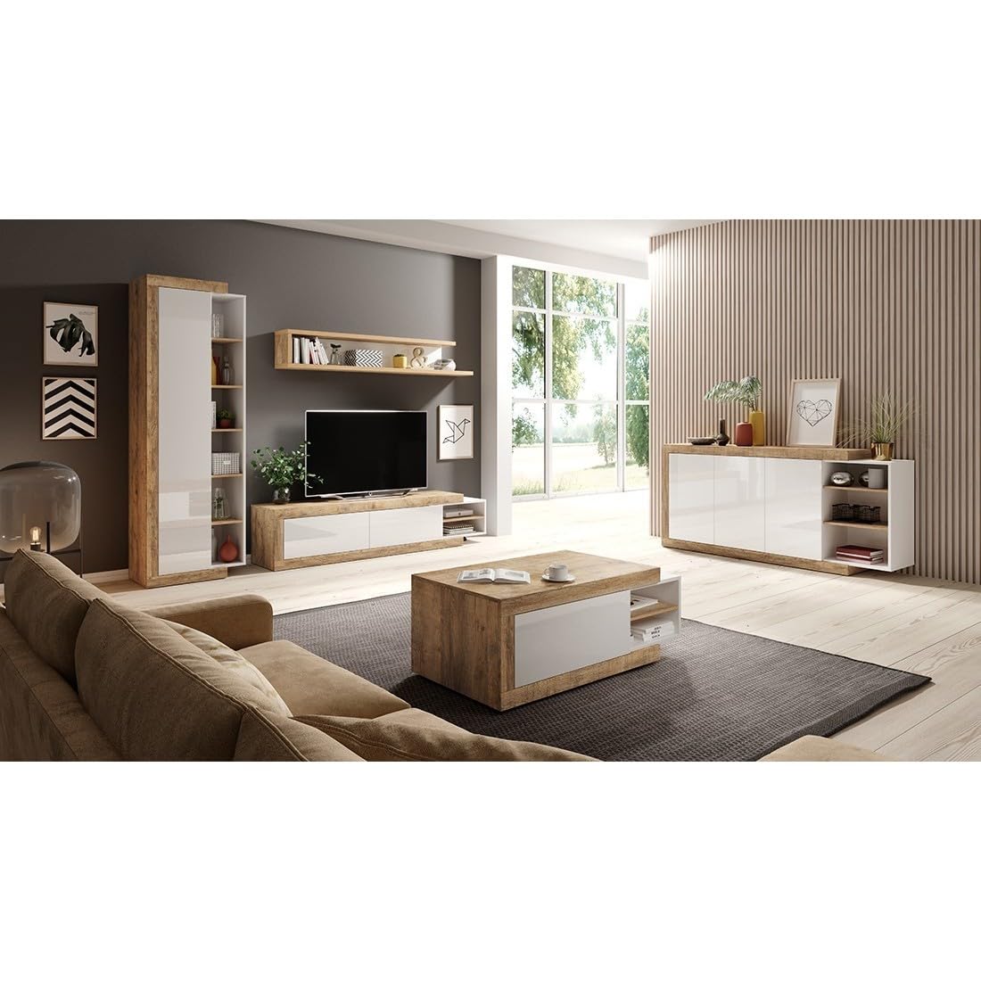 Meublorama Conjunto de 5 Muebles de salón colección Sinatra. Color Roble y Blanco Brillante.