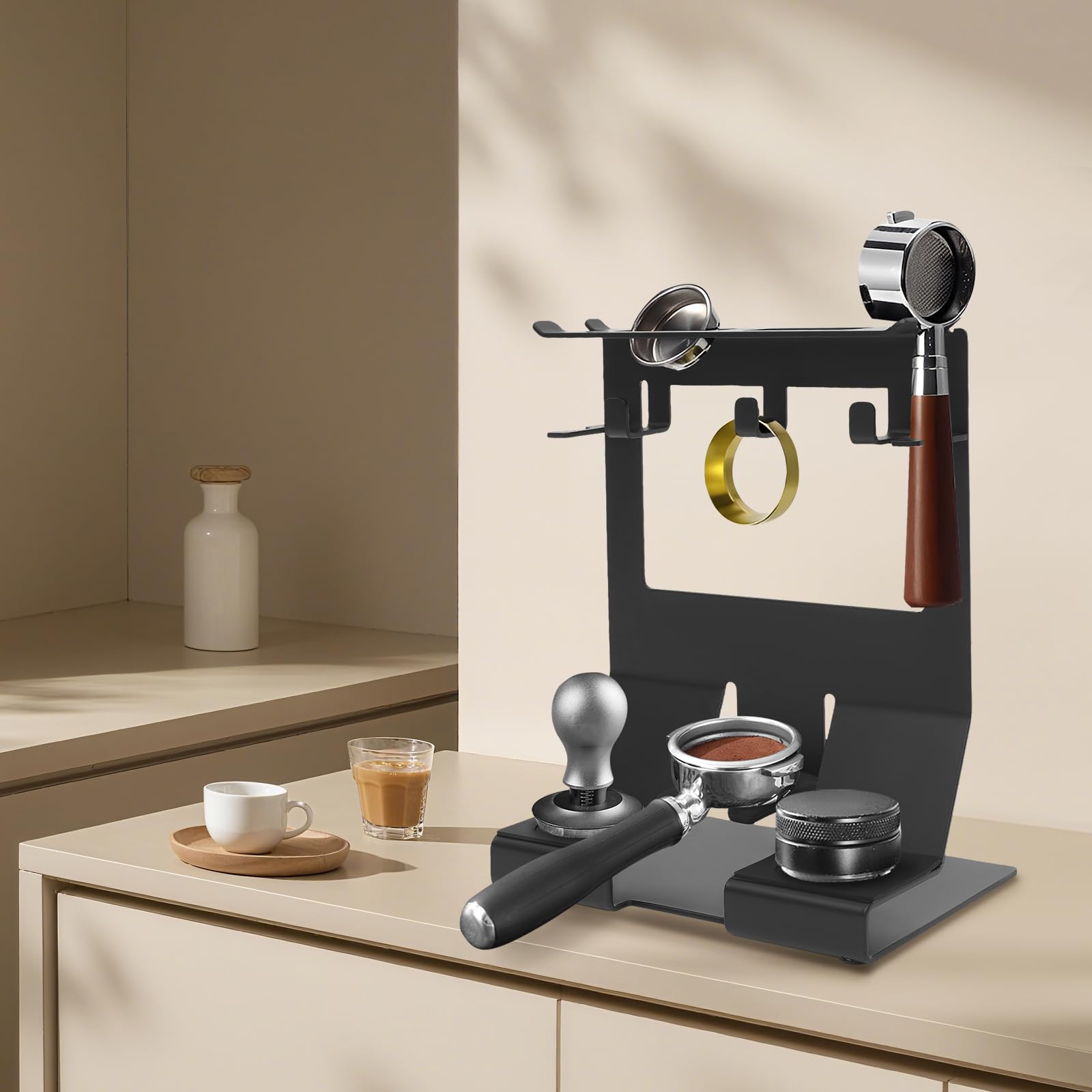 Küchenregal, Kaffee-Zubehör Organizer Mit Tamper Station, Kaffeemaschine Aufbewahrung für Siebträger Tamper, Kaffee Station Montagefrei Platzsparend für Küche, Bar, Café