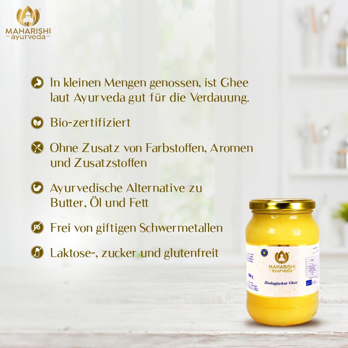 Maharishi Ayurveda Bio Ghee, Gheebutter,Butterfett | Laktose-, zucker und glutenfrei zum Kochen, Braten und Backen | 500 g | 1er Pack