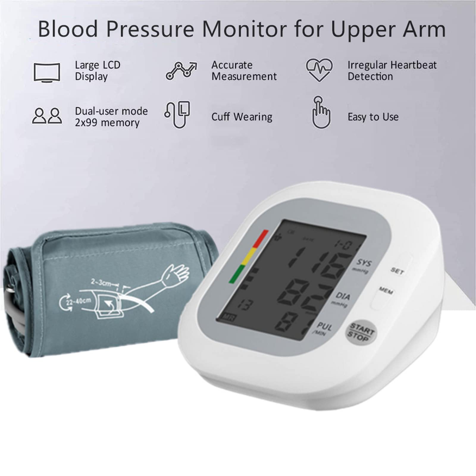 Casulo Monitor de presión arterial automático Máquina de presión arterial digital para uso doméstico con pantalla grande, brazalete ajustable para la parte superior del brazo