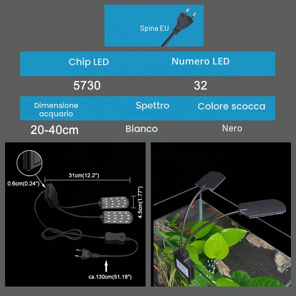 SENZEAL X7 LED Luci per Acquario Gemelli Illuminazione Lampada per Acquario a due Teste Luce a LED 220V 1600LM per 8 a 15 Pollice Serbatoio di Pesce Luce Bianca