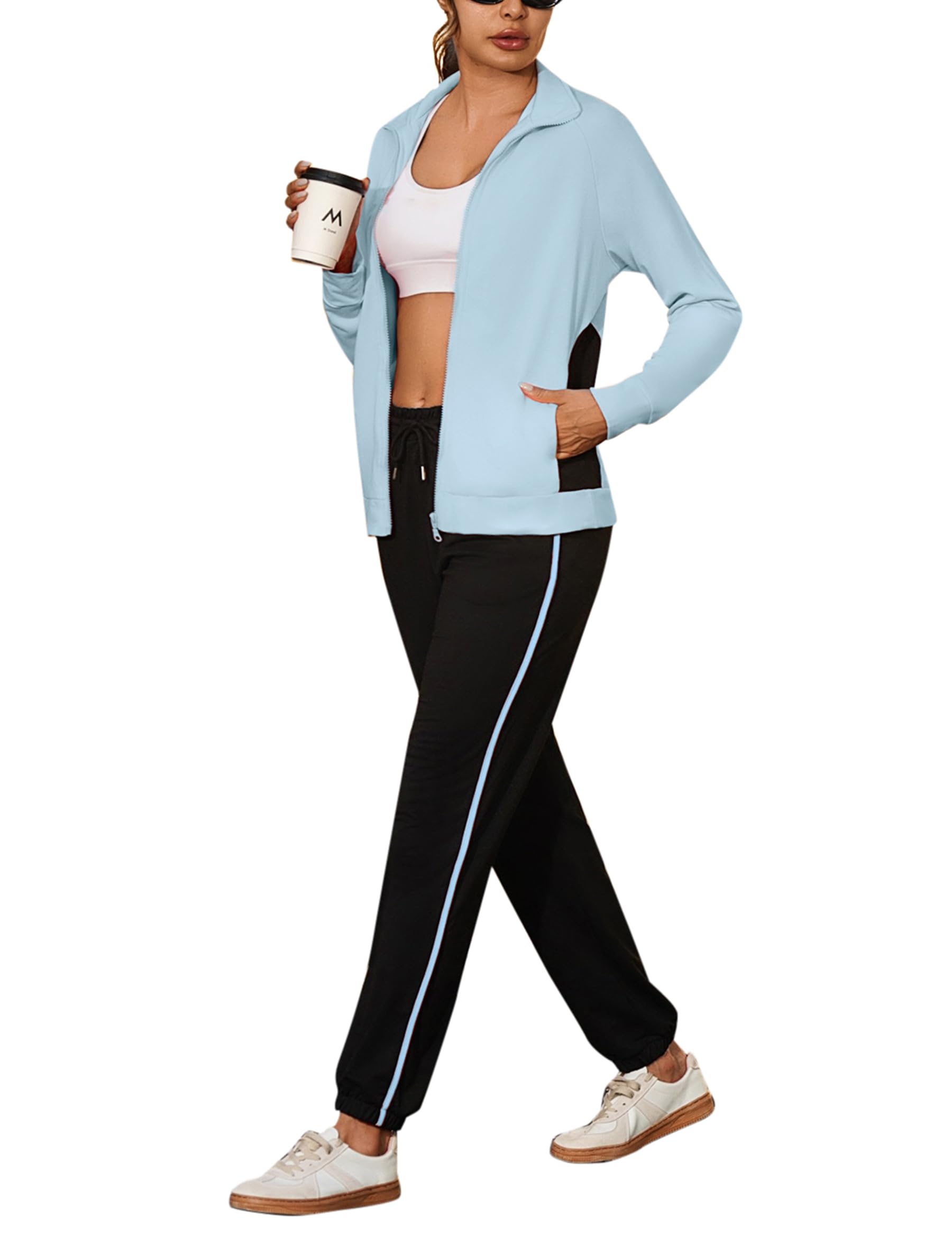 Uniexcosm Jogginganzug Damen Set Lang Trainingsanzug Zweiteiler Frauen Farbkontrast Freizeitanzug Langarm Reißverschluss Tracksuit & Sporthose Sportanzug