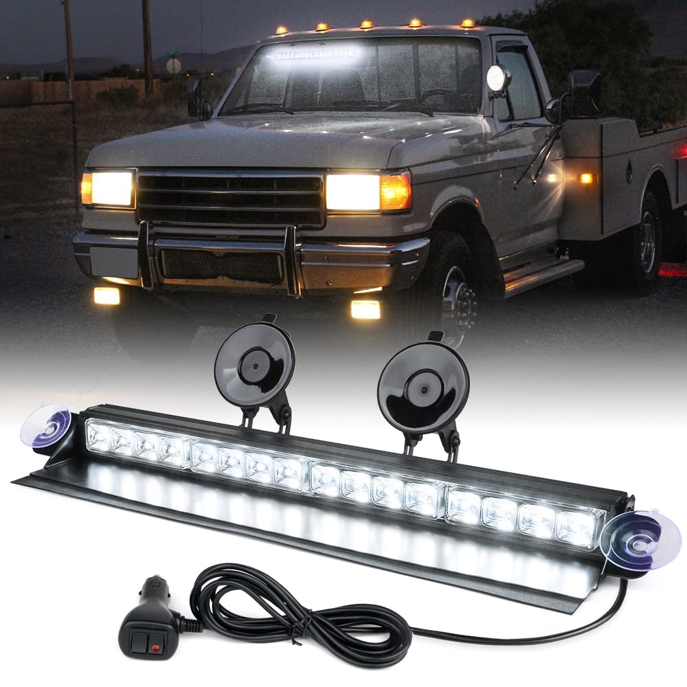 Xprite Windshield Dash Strobe Light Bar Aluminum w/Suction Cups, Super Bright White LED Visor Rear Deck Window Hazard Warning Flashing Lights for Emergency Law Enforcement POV Vehicles Trucks