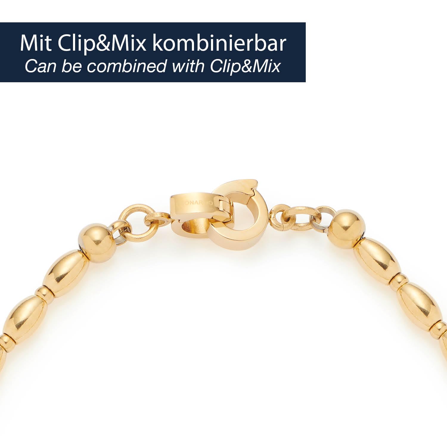 JEWELS BY LEONARDO Bracciale Clip & Mix Lori • Bracciale in acciaio inox dorato • Perle ovali in acciaio inox per appendere charms • 18,5 cm di lunghezza • Gioielli da donna • 023743