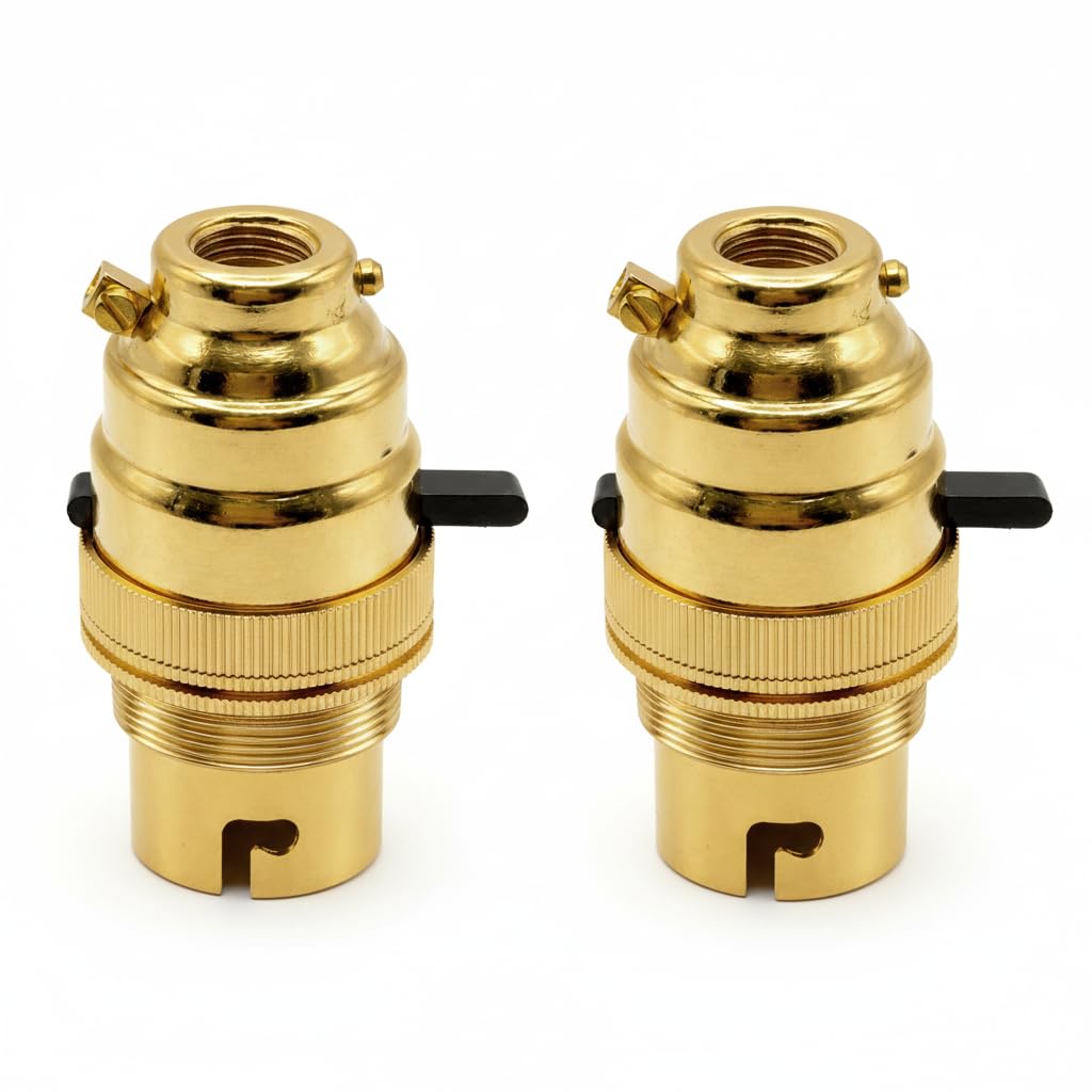 LEDSone Safety Switch Lamp Bulb Holder B22 BC Bayonet Shade Ring, 10mm/M10 x1 Bottom Entry, Brass, Child Safe Switch Push Bar Locks Off to Cut Power if lamp Bulb not Inserted UK (2 Pack)