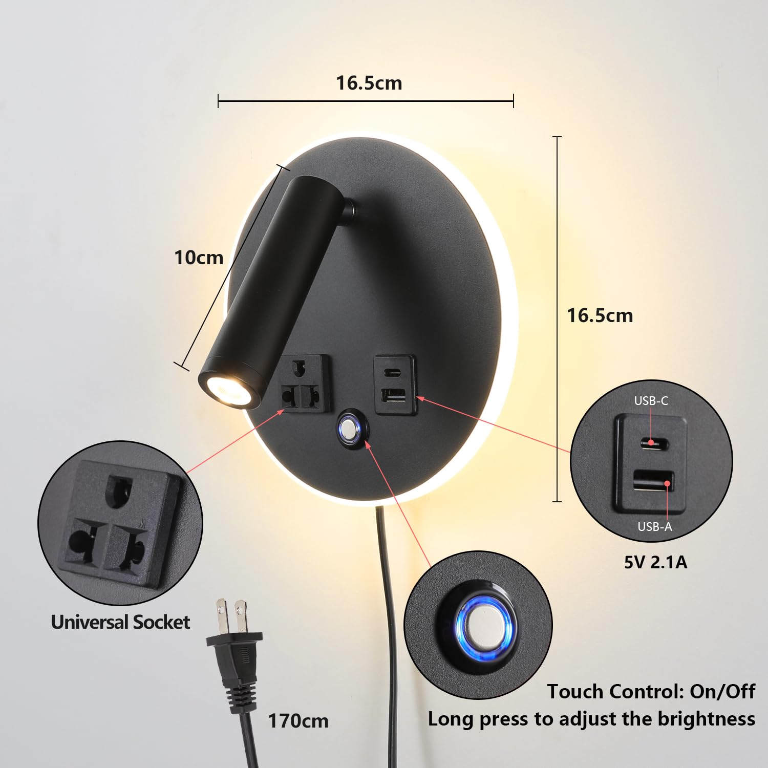 Możliwość ściemniania, regulowana lampa do czytania na ścianie, sterowanie dotykowe, port ładowania USB C+A, do sypialni/salonu z odłączanym kablem