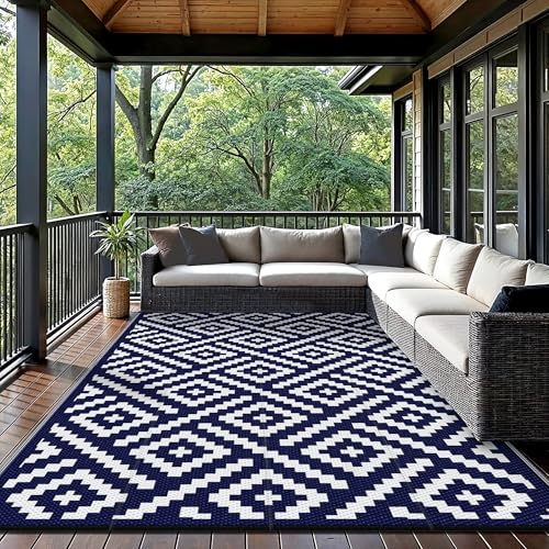 Image of GENIMO Outdoor Rug, Waterproof Plastic Rugs for Patio, 5'x8' Blue White