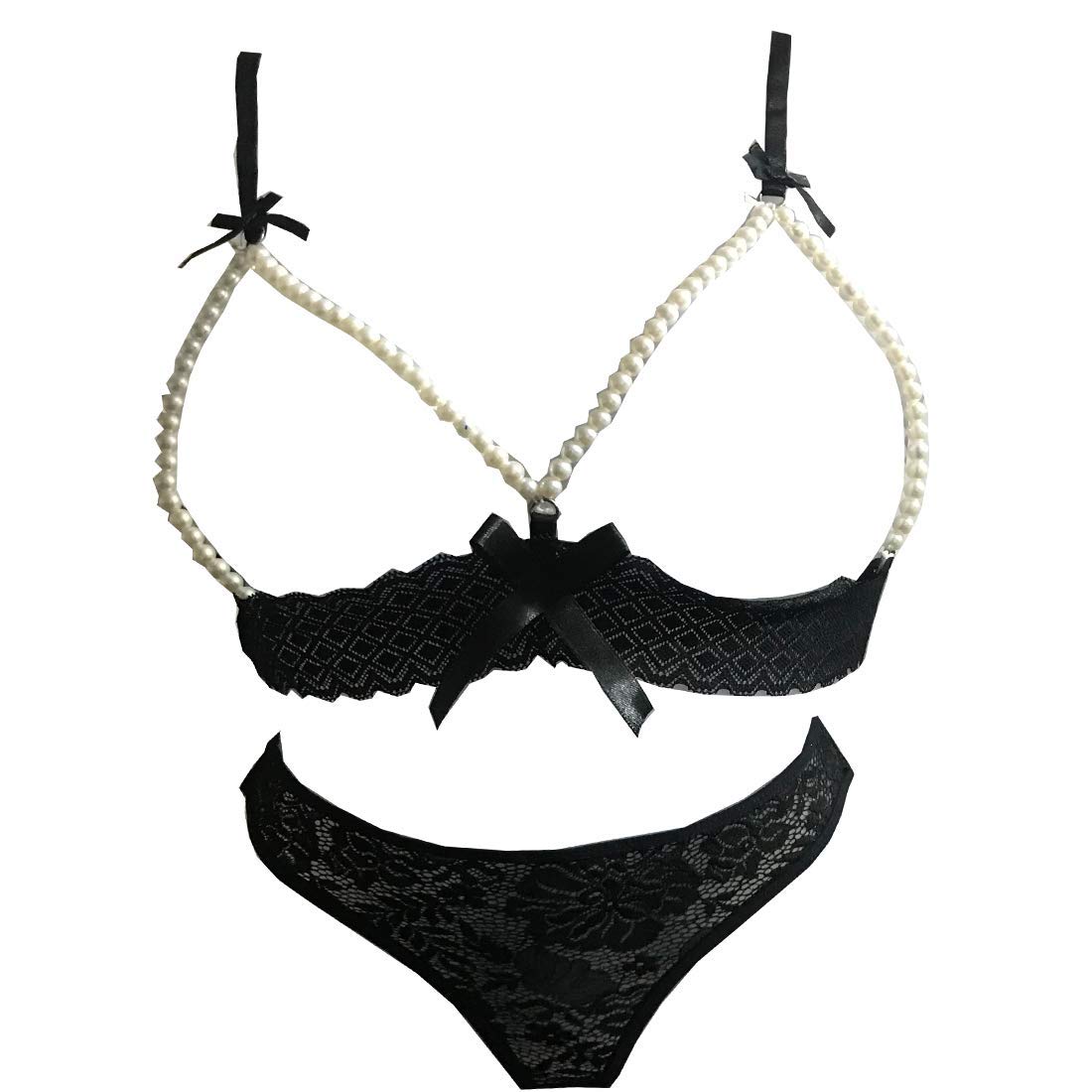nimra fashion Women's Sexy Lace Pearl Design Bra and G-String Panty Lingerie Set with Tail Design, Black, Free Size-picture-54