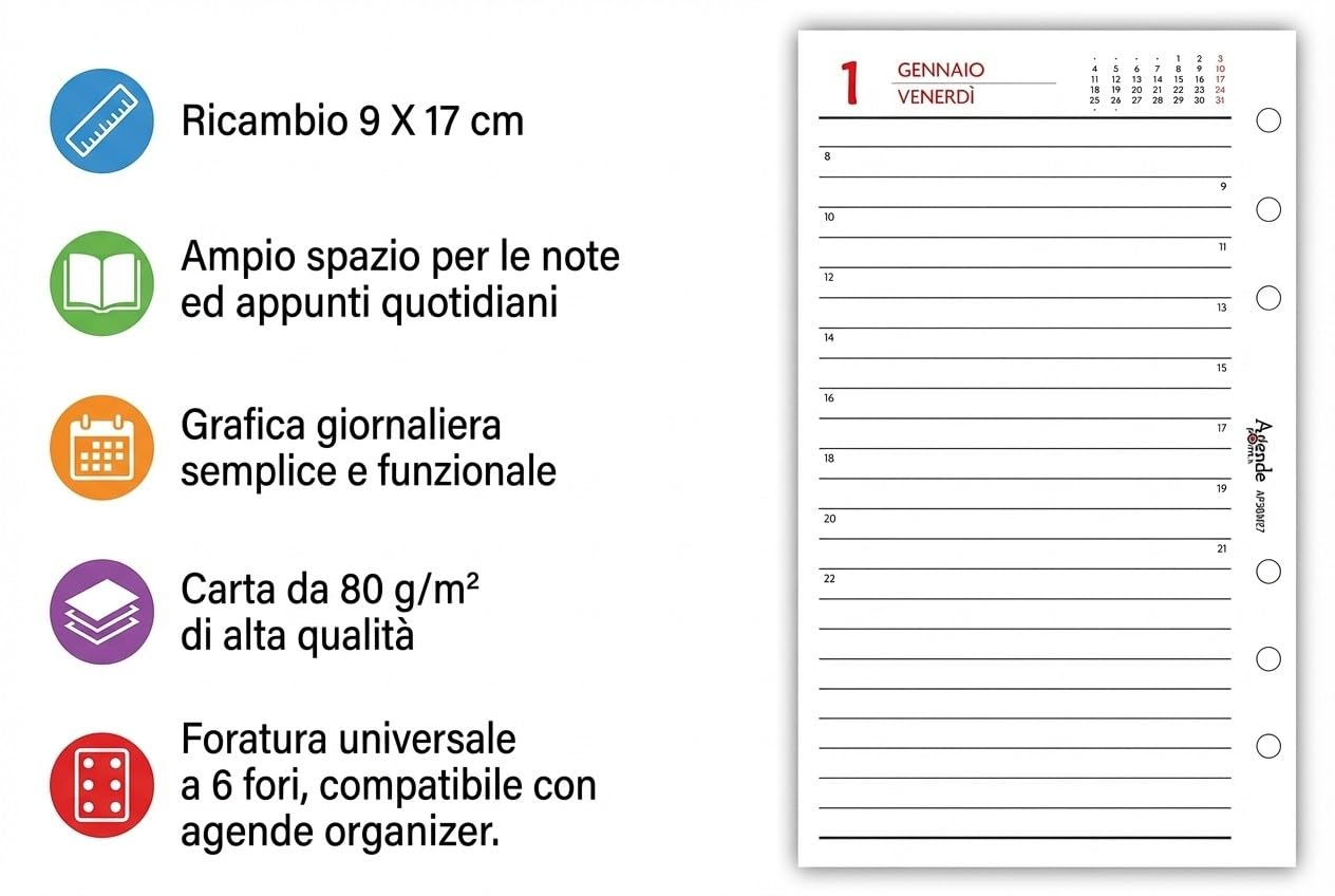 Agenda 2027 Organizer Giornaliera a Righe 9,5x17 cm 6 Fori Carta Bianca 80gr Bianco e Rosso